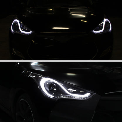Ronnin - Fits 2012-2017 Hyundai Veloster Upgrade LED Running Light Tube Sequential Turn Signals Projector Headlights Assembly Pair | Black