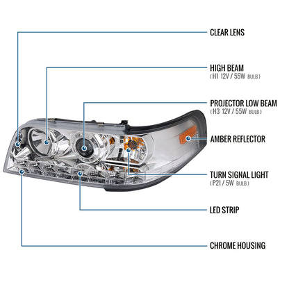 Ronnin - Fits 1998-2011 Ford Crown Victoria Sleek Upgrade LED Strip Running Lights Projector Headlights Assembly Pair | Chrome