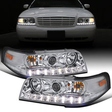 Ronnin - Fits 1998-2011 Ford Crown Victoria Sleek Upgrade LED Strip Running Lights Projector Headlights Assembly Pair | Chrome