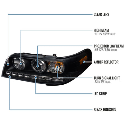 Ronnin - Fits 1998-2011 Ford Crown Victoria Sleek Upgrade LED Strip Running Lights Projector Headlights Assembly Pair | Black