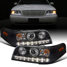 Ronnin - Fits 1998-2011 Ford Crown Victoria Sleek Upgrade LED Strip Running Lights Projector Headlights Assembly Pair | Black