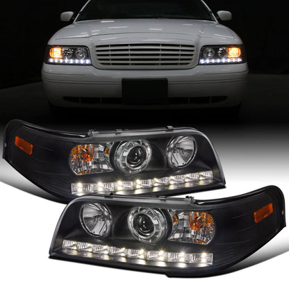Ronnin - Fits 1998-2011 Ford Crown Victoria Sleek Upgrade LED Strip Running Lights Projector Headlights Assembly Pair | Black