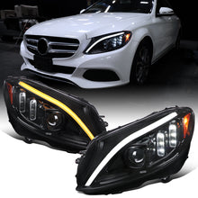 Ronnin - Fits 2015-2018 Mercedes-Benz C-Class W205 Upgrade Assembly LED Switchback Sequential Turn Signals Projector Halogen Headlights Replacement Pair | Gloss Black