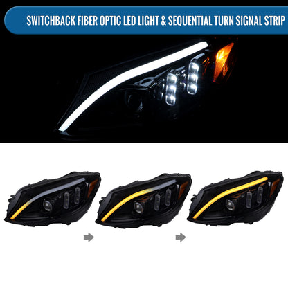 Ronnin - Compatible con Mercedes-Benz Clase C C300 C250 de 2015-2018 Luces delanteras halógenas con proyector y señal de giro secuencial LED con doble función | Negro ahumado