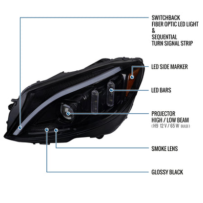 Ronnin - Compatible con Mercedes-Benz Clase C C300 C250 de 2015-2018 Luces delanteras halógenas con proyector y señal de giro secuencial LED con doble función | Negro ahumado