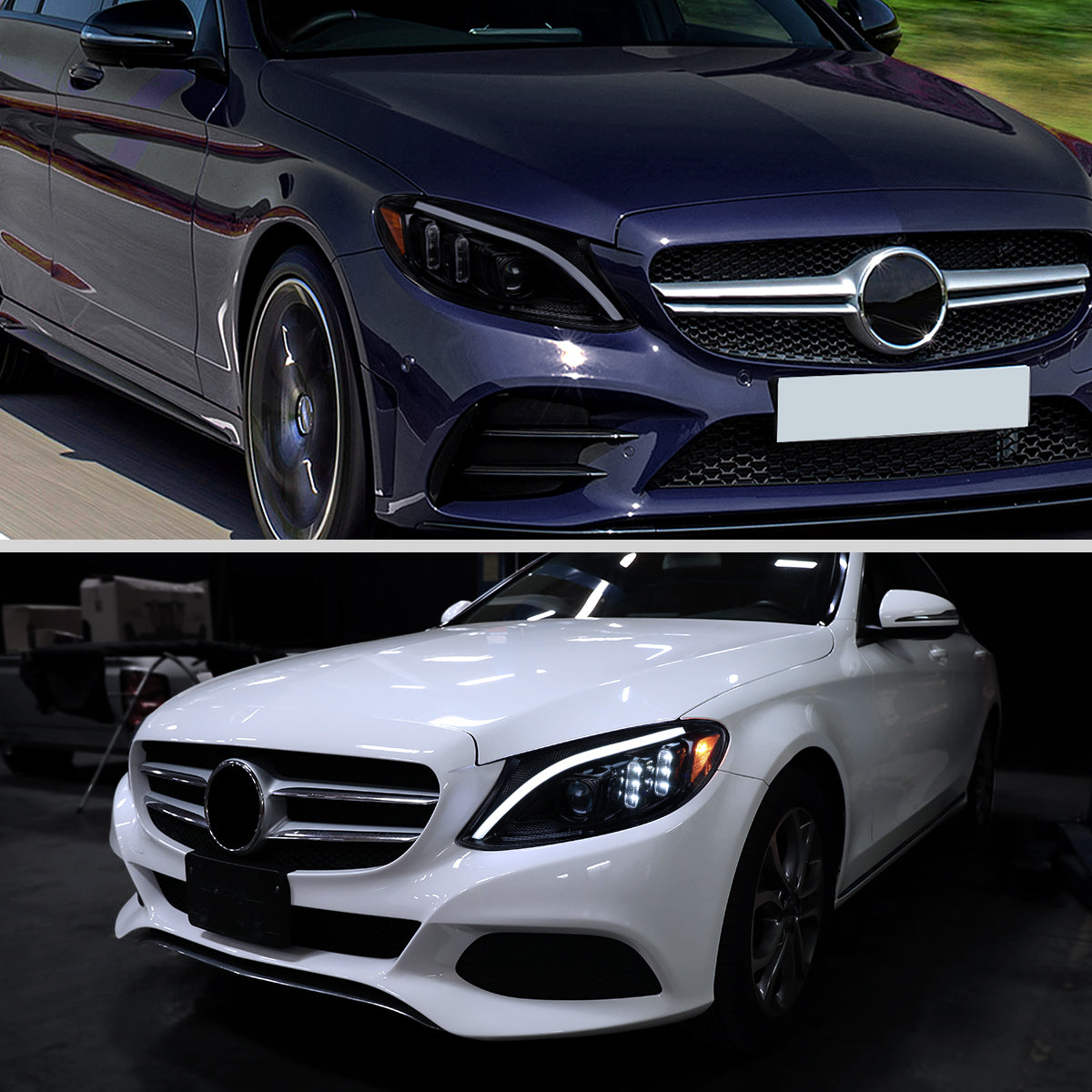 Ronnin - Compatible con Mercedes-Benz Clase C C300 C250 de 2015-2018 Luces delanteras halógenas con proyector y señal de giro secuencial LED con doble función | Negro ahumado