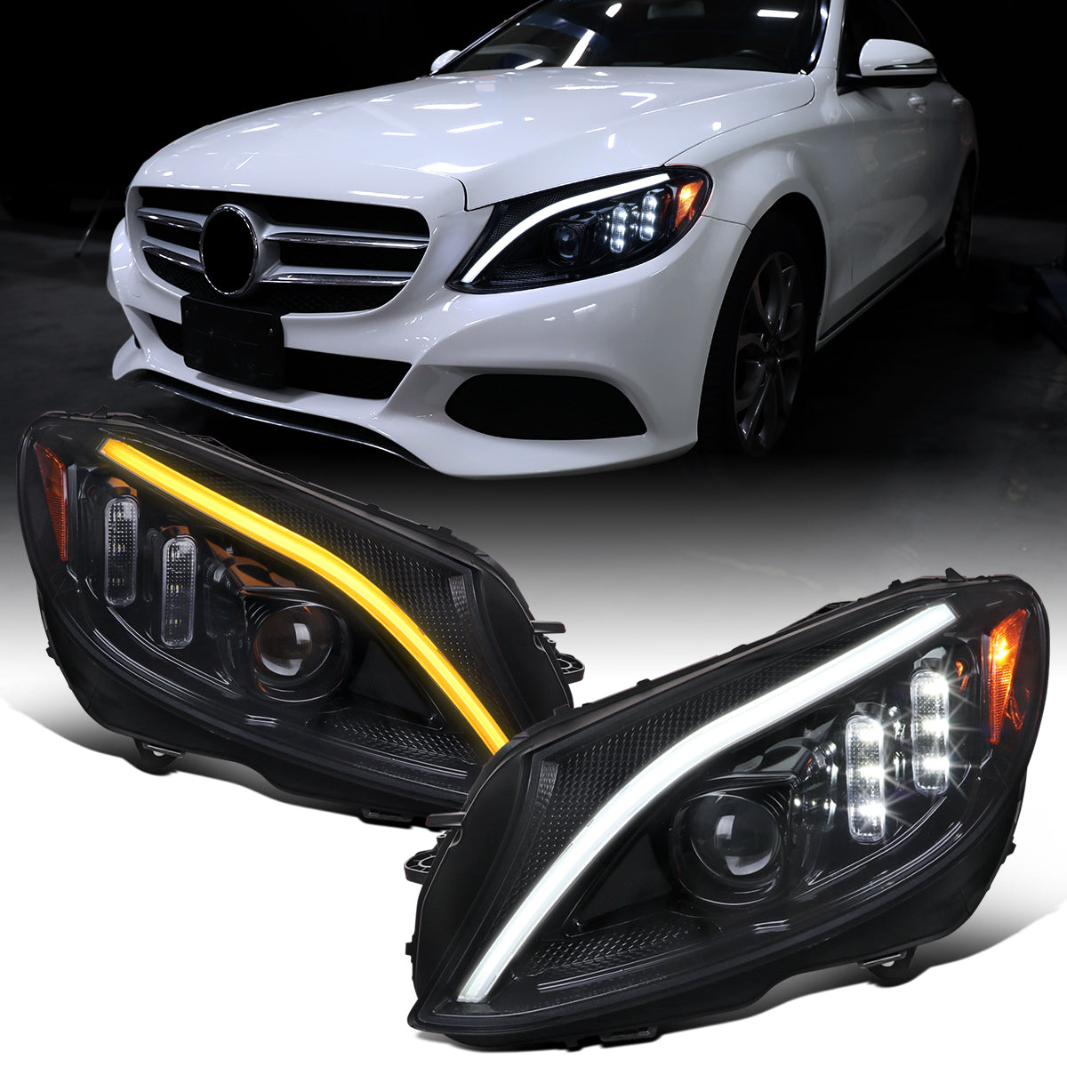 Ronnin - Compatible con Mercedes-Benz Clase C C300 C250 de 2015-2018 Luces delanteras halógenas con proyector y señal de giro secuencial LED con doble función | Negro ahumado
