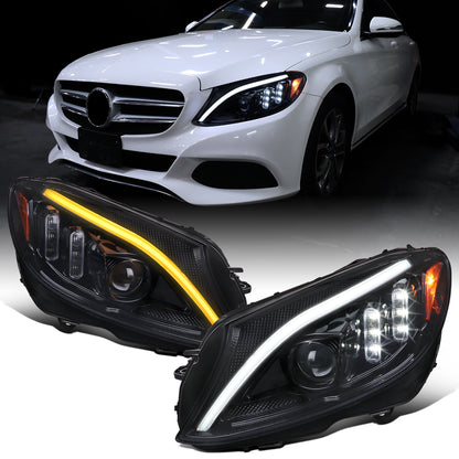 Ronnin - Compatible con Mercedes-Benz Clase C C300 C250 de 2015-2018 Luces delanteras halógenas con proyector y señal de giro secuencial LED con doble función | Negro ahumado