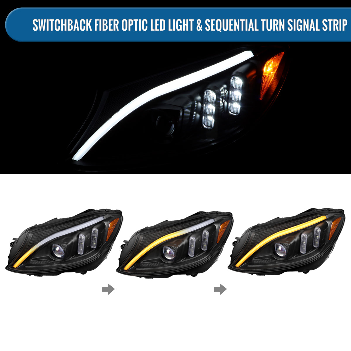 Ronnin - Compatible con Mercedes-Benz Clase C C300 C250 de 2015-2018, luces delanteras halógenas de proyector con LED de secuencia y intermitentes de doble color actualizados | Par en negro