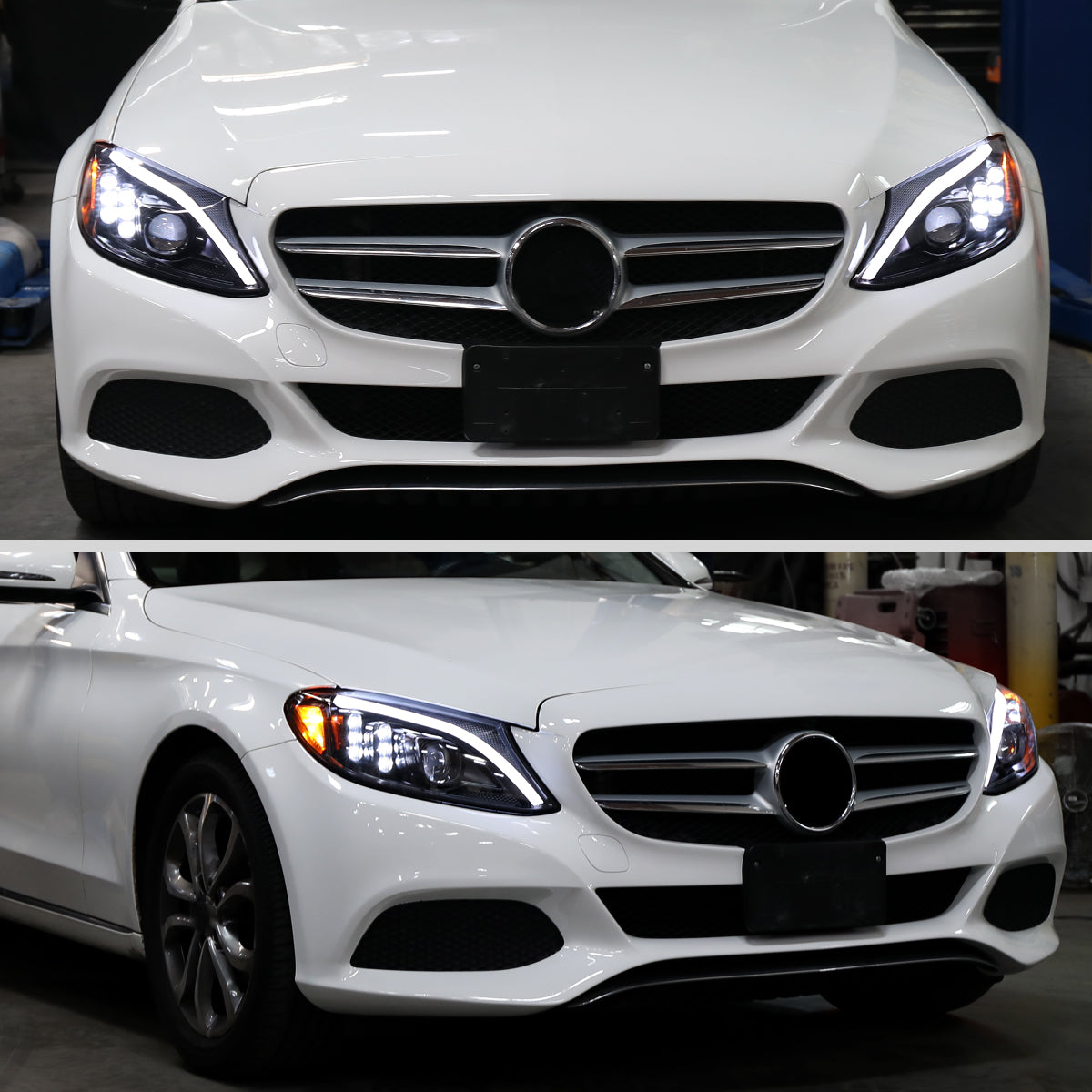 Ronnin - Compatible con Mercedes-Benz Clase C C300 C250 de 2015-2018, luces delanteras halógenas de proyector con LED de secuencia y intermitentes de doble color actualizados | Par en negro