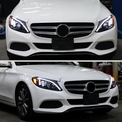Ronnin - Compatible con Mercedes-Benz Clase C C300 C250 de 2015-2018, luces delanteras halógenas de proyector con LED de secuencia y intermitentes de doble color actualizados | Par en negro