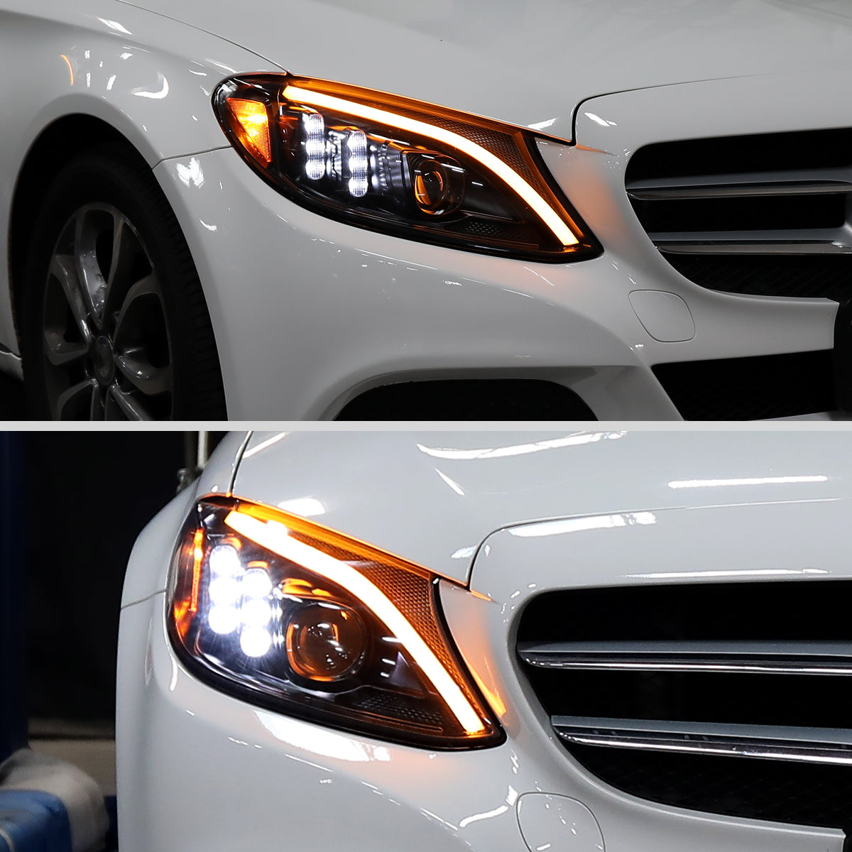 Ronnin - Compatible con Mercedes-Benz Clase C C300 C250 de 2015-2018, luces delanteras halógenas de proyector con LED de secuencia y intermitentes de doble color actualizados | Par en negro