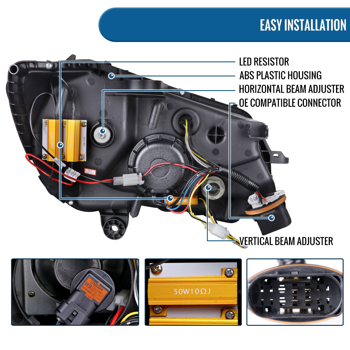 Ronnin - Compatible con Mercedes-Benz Clase C C300 C250 de 2015-2018, luces delanteras halógenas de proyector con LED de secuencia y intermitentes de doble color actualizados | Par en negro