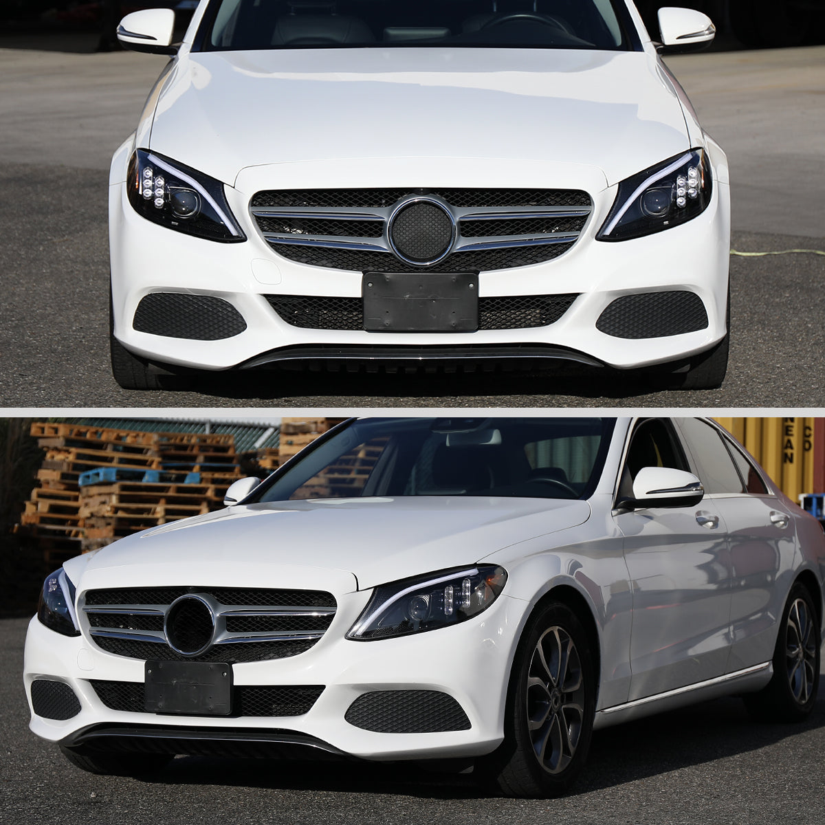 Ronnin - Compatible con Mercedes-Benz Clase C C300 C250 de 2015-2018, luces delanteras halógenas de proyector con LED de secuencia y intermitentes de doble color actualizados | Par en negro