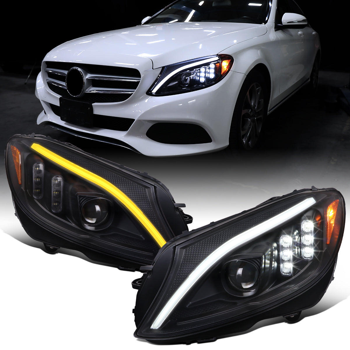 Ronnin - Compatible con Mercedes-Benz Clase C C300 C250 de 2015-2018, luces delanteras halógenas de proyector con LED de secuencia y intermitentes de doble color actualizados | Par en negro