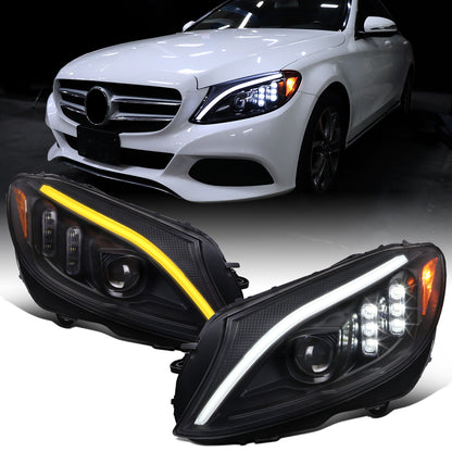 Ronnin - Compatible con Mercedes-Benz Clase C C300 C250 de 2015-2018, luces delanteras halógenas de proyector con LED de secuencia y intermitentes de doble color actualizados | Par en negro