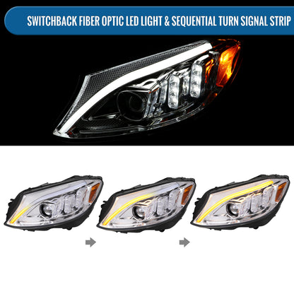 Ronnin - Fits 2015-2018 Mercedes-Benz C-Class W205 Upgrade Assembly LED Switchback Sequential Turn Signals Projector Halogen Headlights Replacement Pair | Chrome