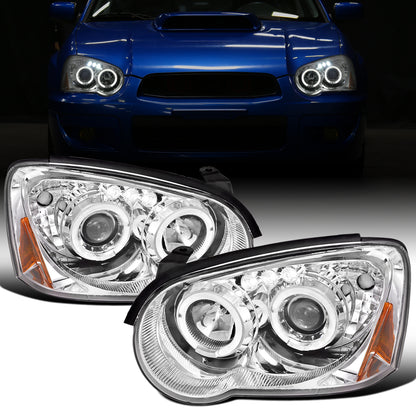 Ronnin - Fits 2004-2005 Subaru Impreza Upgrade LED Dual Halo Rims Projector Halogen Headlights Assembly Pair | Chrome