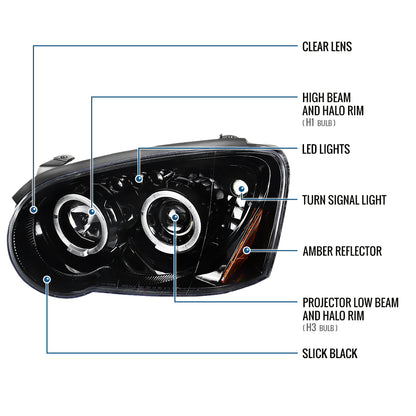 Ronnin - Fits 2004-2005 Subaru Impreza Upgrade LED Dual Halo Rims Projector Halogen Headlights Assembly Pair | Gloss Black