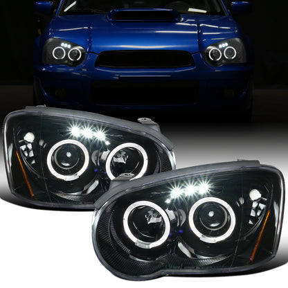 Ronnin - Fits 2004-2005 Subaru Impreza Upgrade LED Dual Halo Rims Projector Halogen Headlights Assembly Pair | Gloss Black