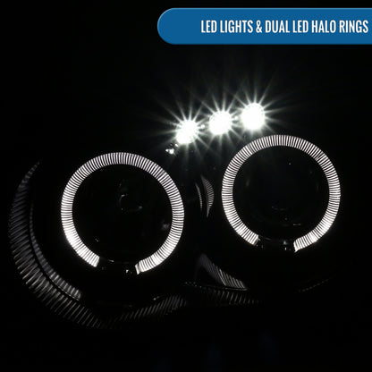 Ronnin - Fits 2004-2005 Subaru Impreza Upgrade LED Dual Halo Rims Projector Halogen Headlights Assembly Pair | Black Smoke