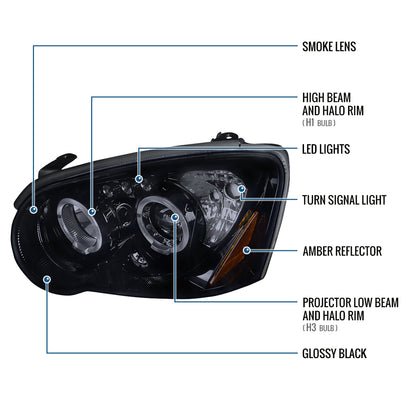 Ronnin - Fits 2004-2005 Subaru Impreza Upgrade LED Dual Halo Rims Projector Halogen Headlights Assembly Pair | Black Smoke