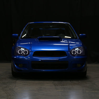 Ronnin - Fits 2004-2005 Subaru Impreza Upgrade LED Dual Halo Rims Projector Halogen Headlights Assembly Pair | Black Smoke