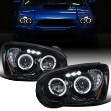 Ronnin - Fits 2004-2005 Subaru Impreza Upgrade LED Dual Halo Rims Projector Halogen Headlights Assembly Pair | Black Smoke