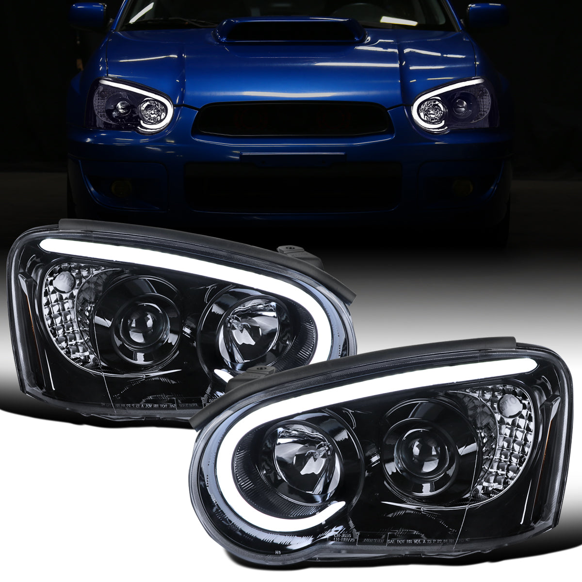 Ronnin - Fits 2004-2005 Subaru Impreza Upgrade Replacement LED Running Lights Tube Projector Halogen Headlights Assembly Pair | Black Smoke