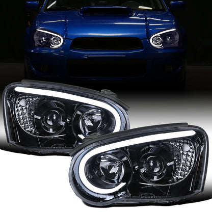 Ronnin - Fits 2004-2005 Subaru Impreza Upgrade Replacement LED Running Lights Tube Projector Halogen Headlights Assembly Pair | Black Smoke
