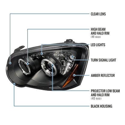 Ronnin - Fits 2004-2005 Subaru Impreza Upgrade LED Dual Halo Rims Projector Halogen Headlights Assembly Pair | Black