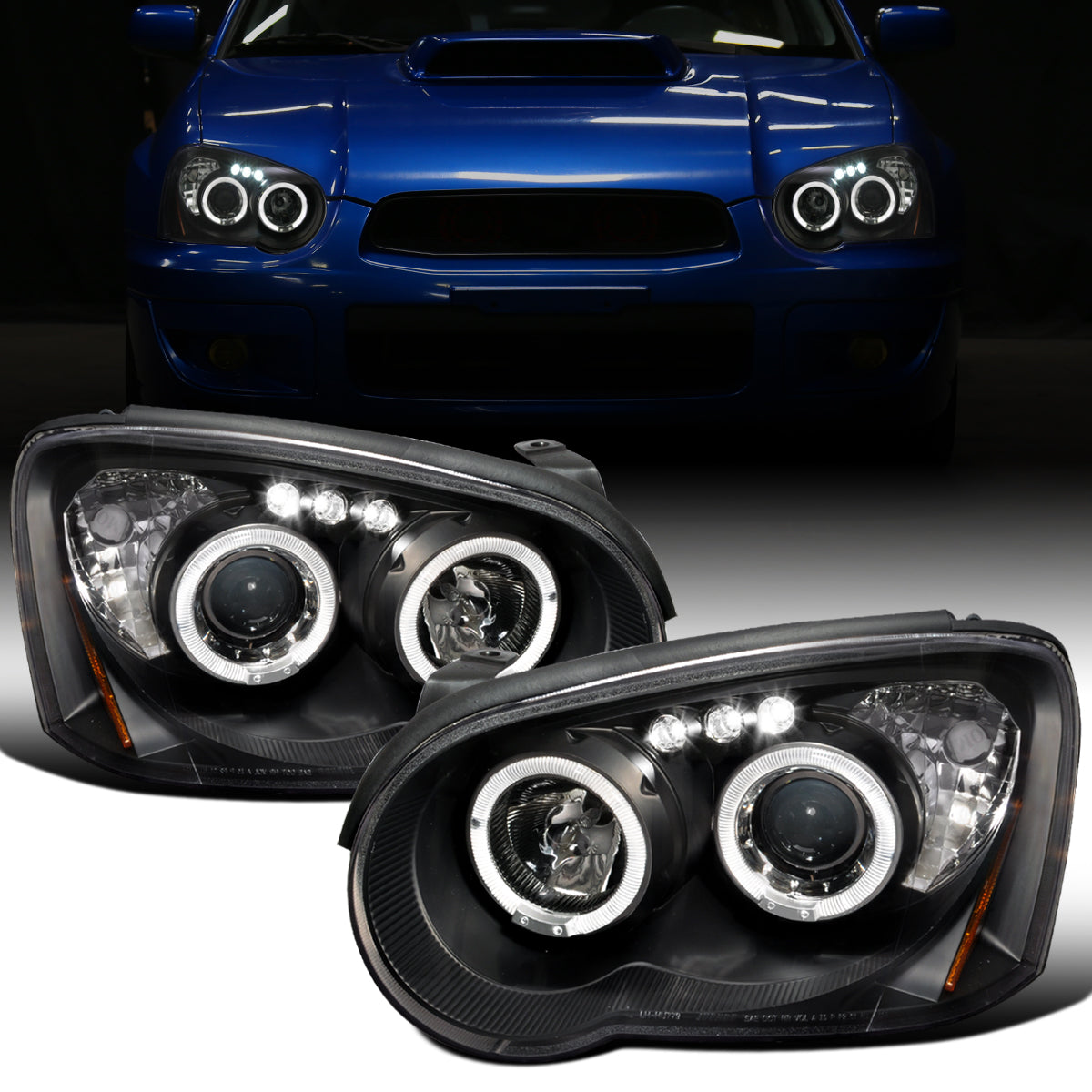 Ronnin - Fits 2004-2005 Subaru Impreza Upgrade LED Dual Halo Rims Projector Halogen Headlights Assembly Pair | Black