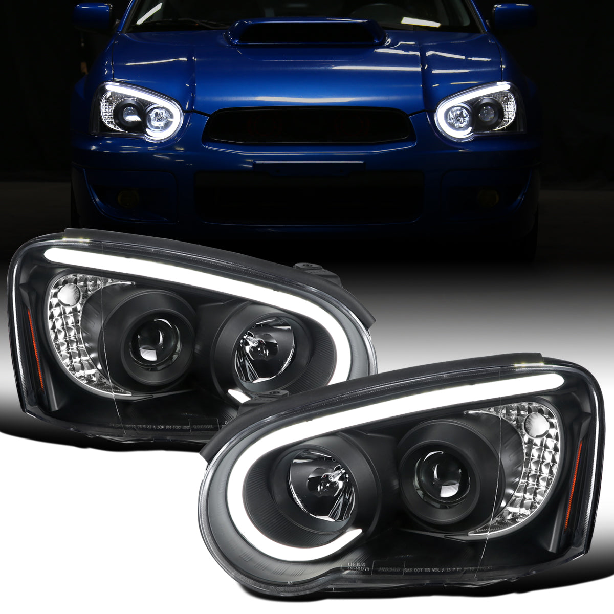 Ronnin - Fits 2004-2005 Subaru Impreza Upgrade Replacement LED Running Lights Tube Projector Halogen Headlights Assembly Pair | Black