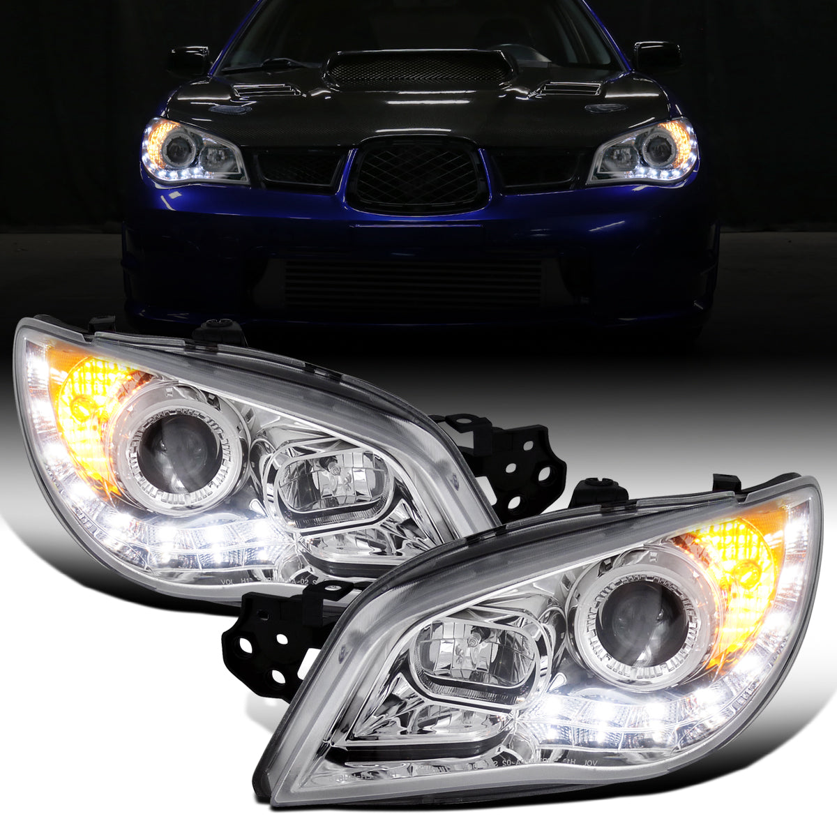 Ronnin - Fits 2006-2007 Subaru Impreza WRX STI Upgrade LED Running Lights Projector Headlights Assembly Pair | Chrome