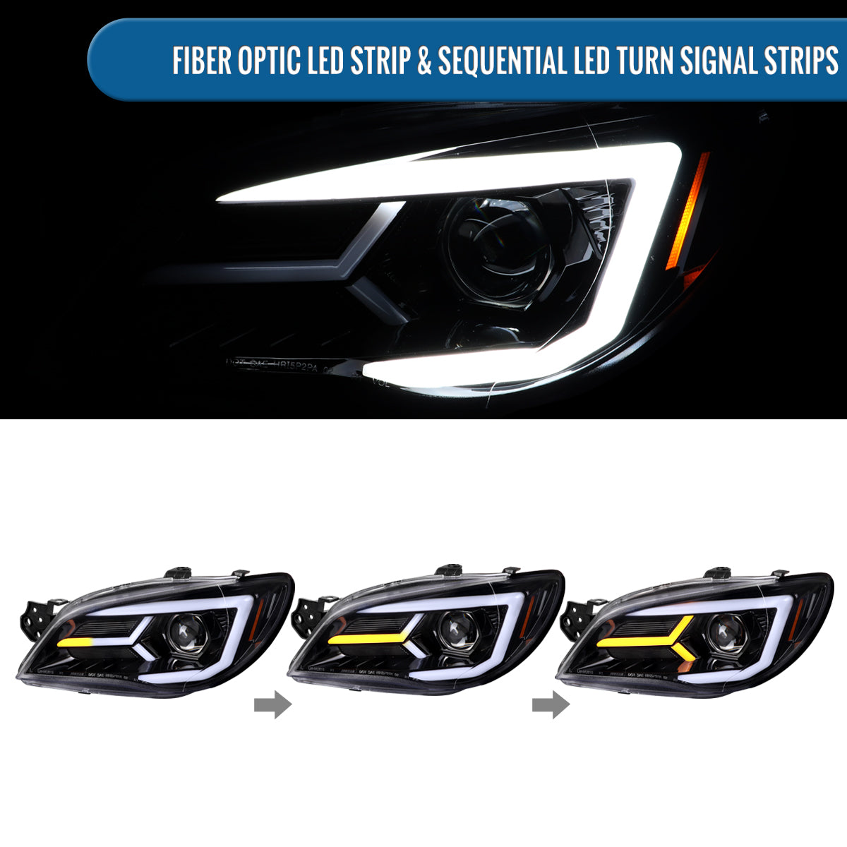 Ronnin - Fits 2006-2007 Subaru Impreza WRX STI Upgraded Projector Halogen Headlights LED Sequential Turn Signal Tube  Assembly Pair | Gloss Black