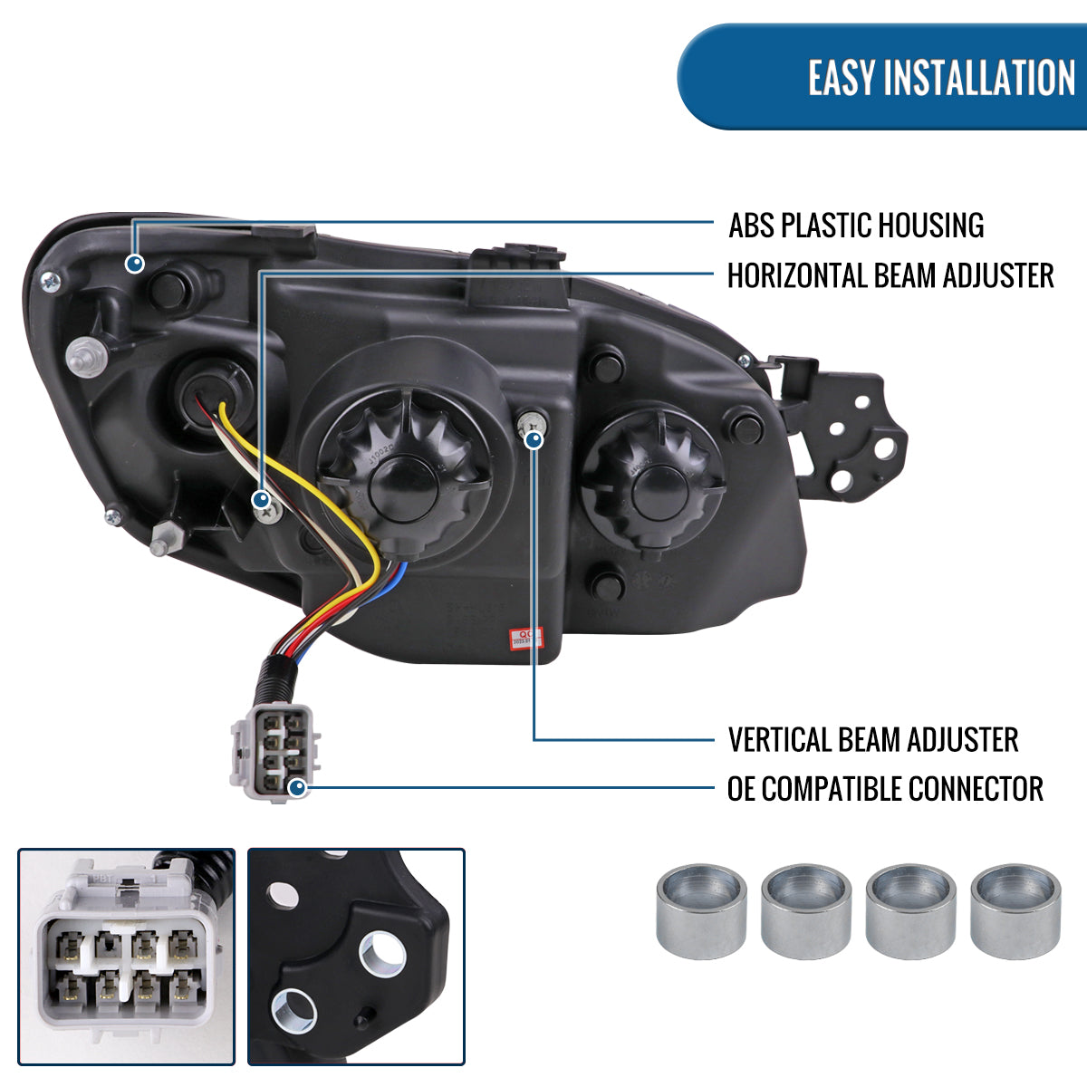 Ronnin - Fits 2006-2007 Subaru Impreza WRX STI Upgraded Projector Halogen Headlights LED Sequential Turn Signal Tube  Assembly Pair | Gloss Black