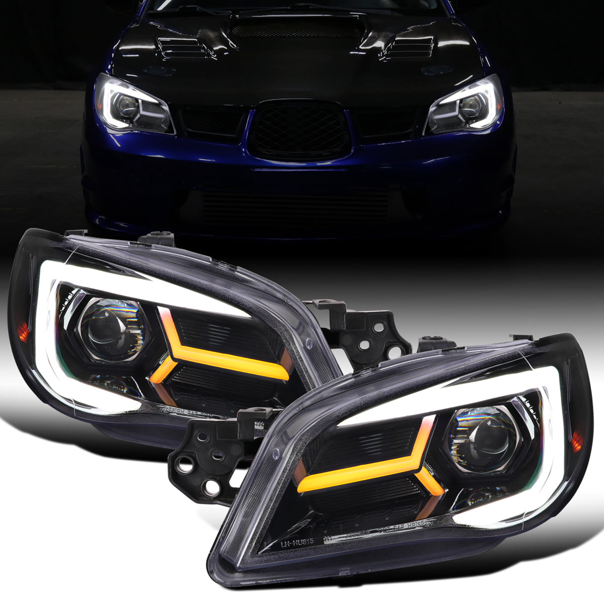 Ronnin - Fits 2006-2007 Subaru Impreza WRX STI Upgraded Projector Halogen Headlights LED Sequential Turn Signal Tube  Assembly Pair | Gloss Black