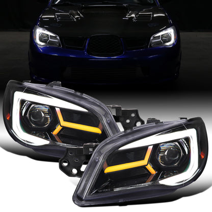 Ronnin - Fits 2006-2007 Subaru Impreza WRX STI Upgraded Projector Halogen Headlights LED Sequential Turn Signal Tube  Assembly Pair | Gloss Black