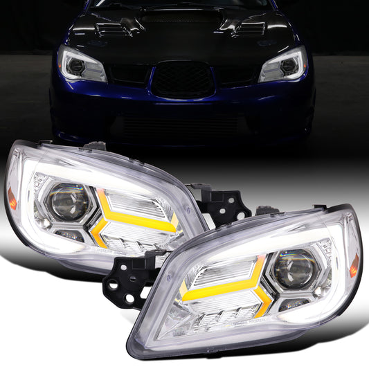 Ronnin - Fits 2006-2007 Subaru Impreza WRX STI Upgraded Projector Halogen Headlights LED Sequential Turn Signal Tube  Assembly Pair | Chrome
