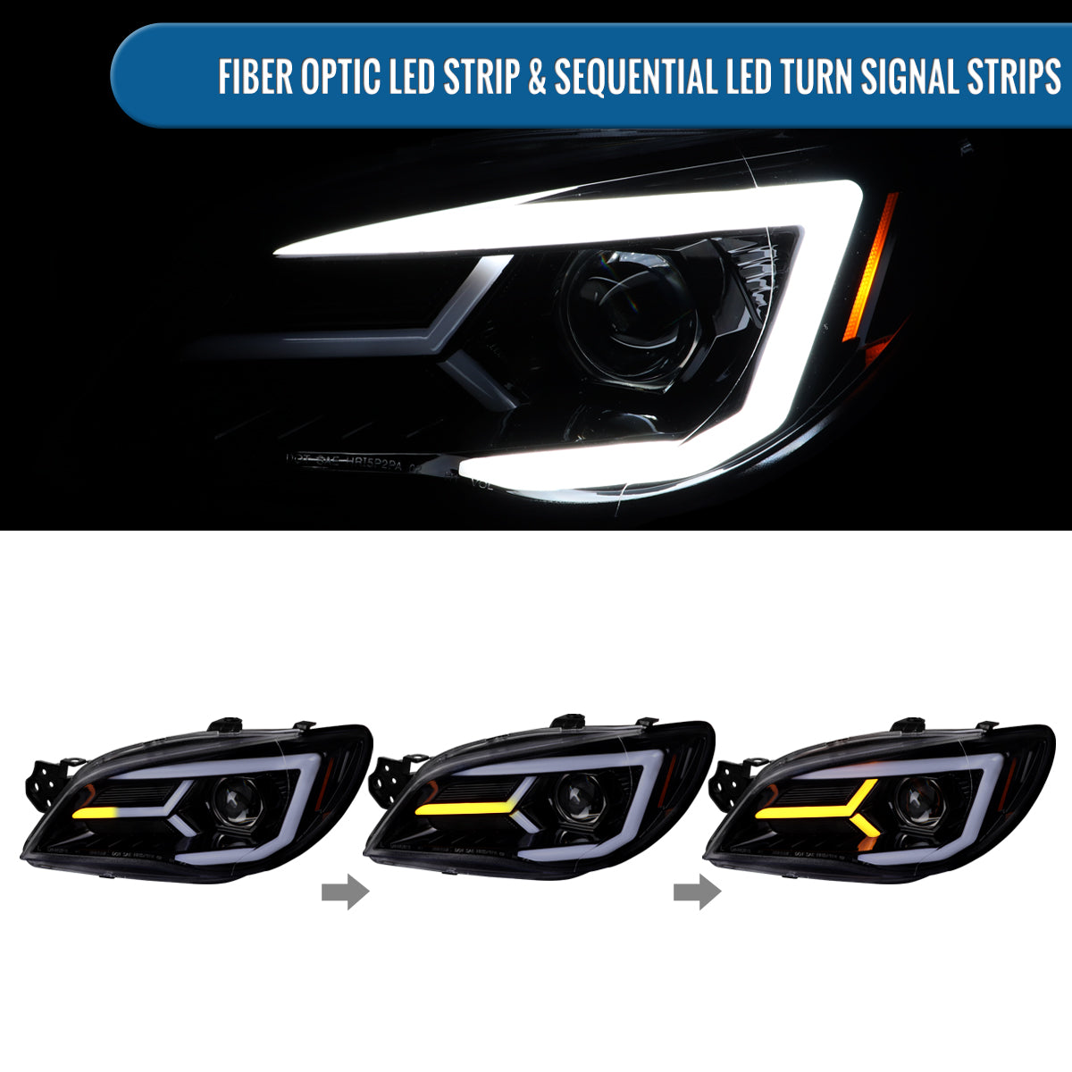 Ronnin - Fits 2006-2007 Subaru Impreza WRX STI Upgraded Projector Halogen Headlights LED Sequential Turn Signal Tube  Assembly Pair | Black Smoke