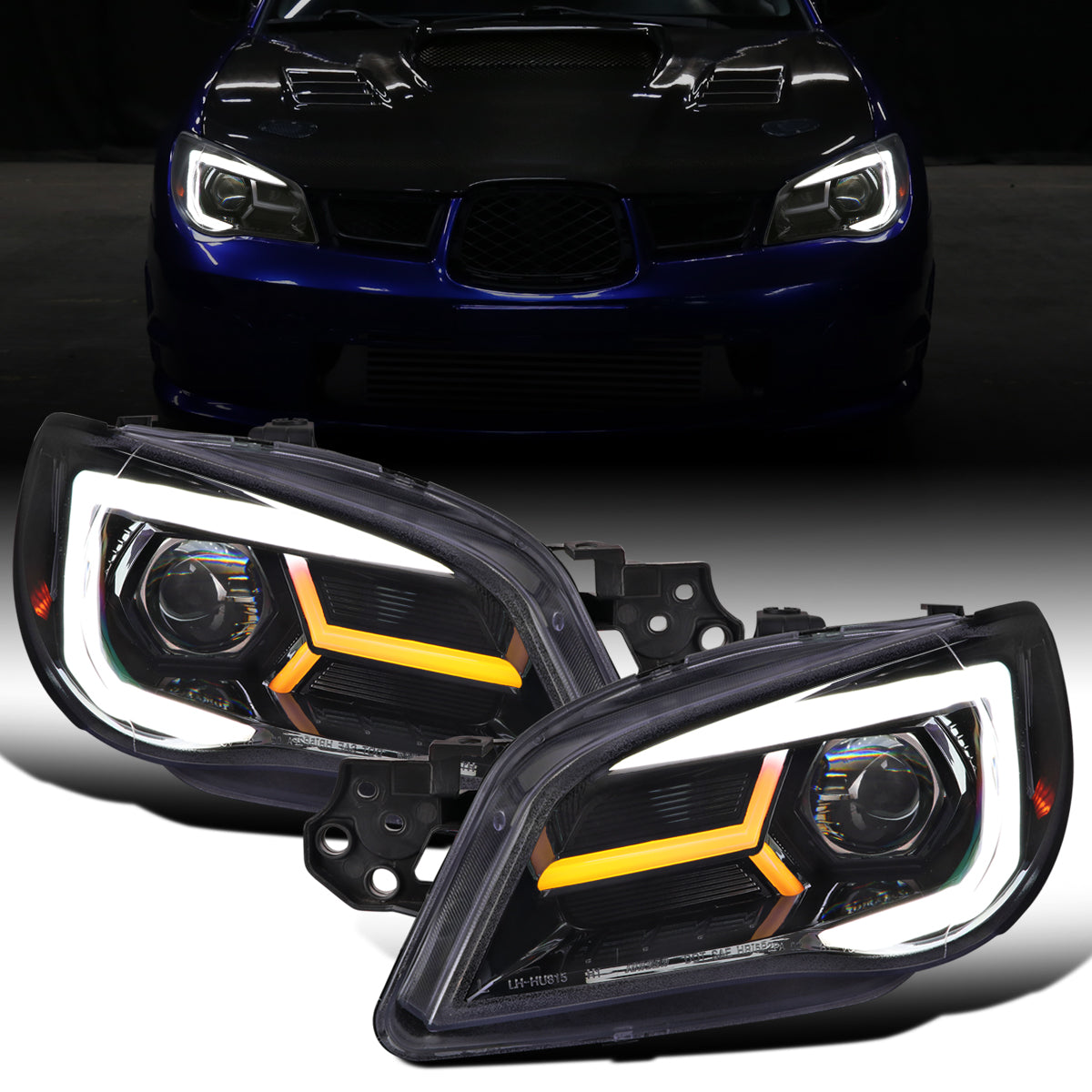 Ronnin - Fits 2006-2007 Subaru Impreza WRX STI Upgraded Projector Halogen Headlights LED Sequential Turn Signal Tube  Assembly Pair | Black Smoke