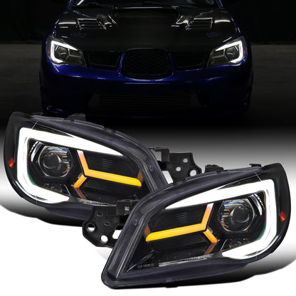 Ronnin - Fits 2006-2007 Subaru Impreza WRX STI Upgraded Projector Halogen Headlights LED Sequential Turn Signal Tube  Assembly Pair | Black Smoke