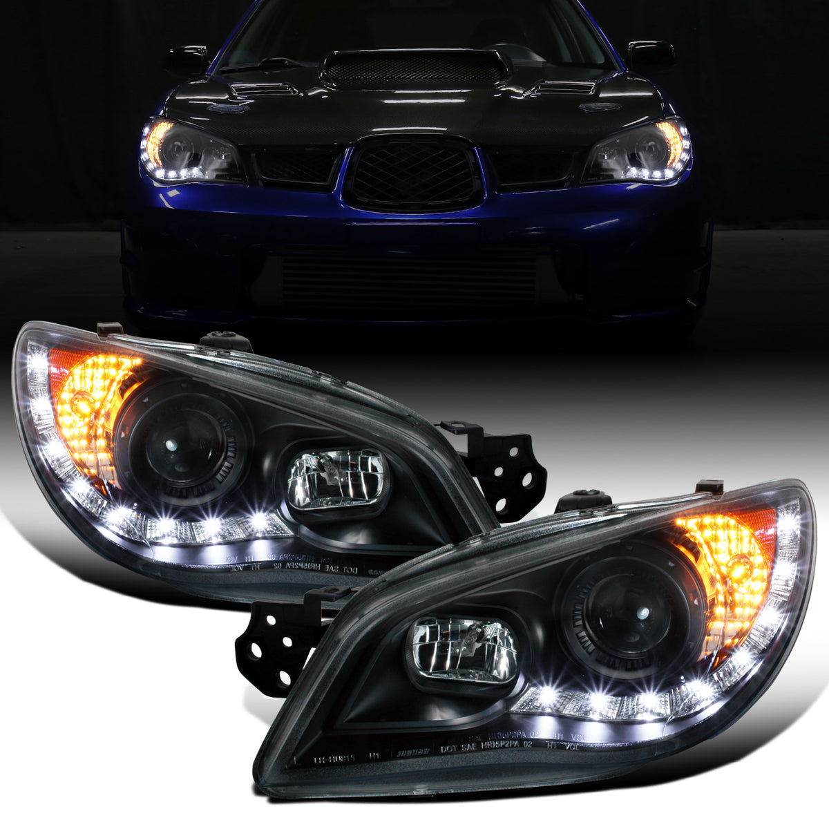 Ronnin - Fits 2006-2007 Subaru Impreza WRX STI Upgrade LED Running Lights Projector Headlights Assembly Pair | Black
