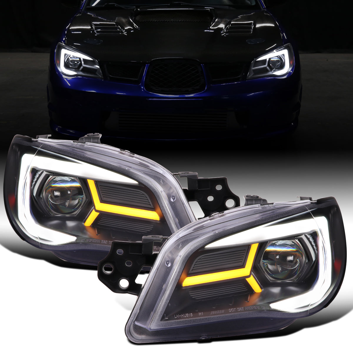 Ronnin - Fits 2006-2007 Subaru Impreza WRX STI Upgraded Projector Halogen Headlights LED Sequential Turn Signal Tube  Assembly Pair | Black