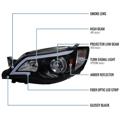 Ronnin - Fits 2008-2014 Subaru Impreza WRX Outback Sport Upgrade Assembly LED Running Light Tube Projector Halogen Headlights Pair | Black Smoke