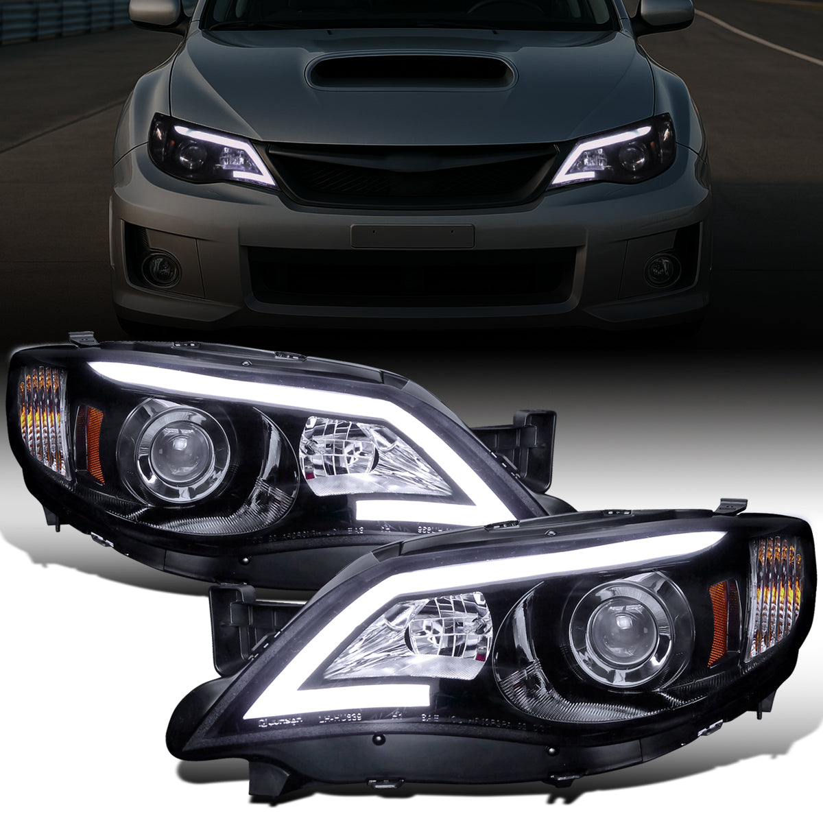 Ronnin - Fits 2008-2014 Subaru Impreza WRX Outback Sport Upgrade Assembly LED Running Light Tube Projector Halogen Headlights Pair | Black Smoke