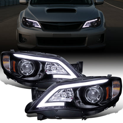 Ronnin - Fits 2008-2014 Subaru Impreza WRX Outback Sport Upgrade Assembly LED Running Light Tube Projector Halogen Headlights Pair | Black Smoke