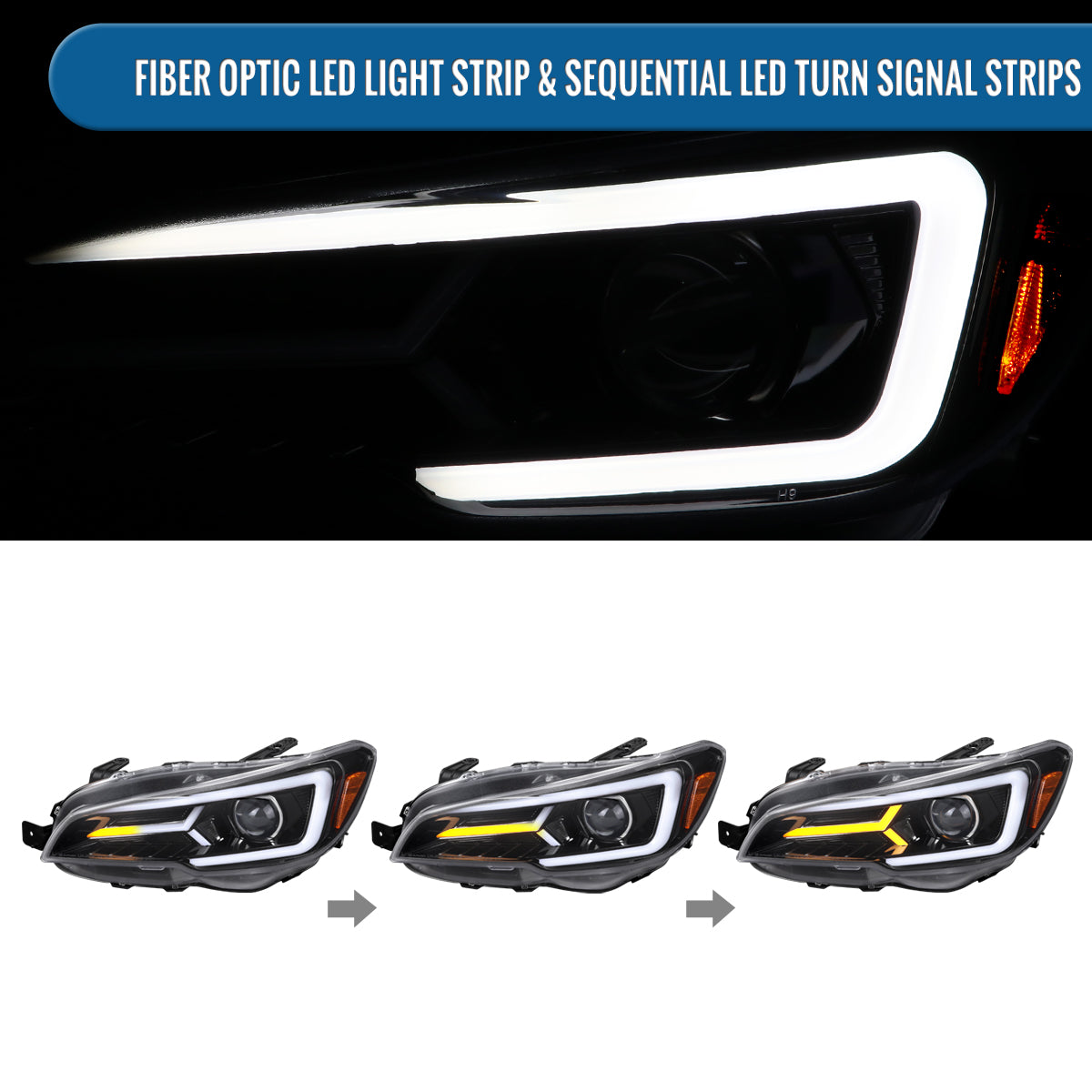 Ronnin - Fits 2015-2021 Subaru WRX STI Upgrade Assembly LED Sequential Turn Signals Projector Halogen Headlights Pair | Gloss Black