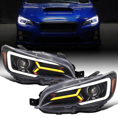 Ronnin - Fits 2015-2021 Subaru WRX STI Upgrade Assembly LED Sequential Turn Signals Projector Halogen Headlights Pair | Gloss Black