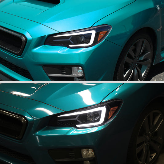 Ronnin - Fits 2015-2021 Subaru WRX STI Upgrade Assembly LED Sequential Turn Signals Projector Halogen Headlights Pair | Black Smoke